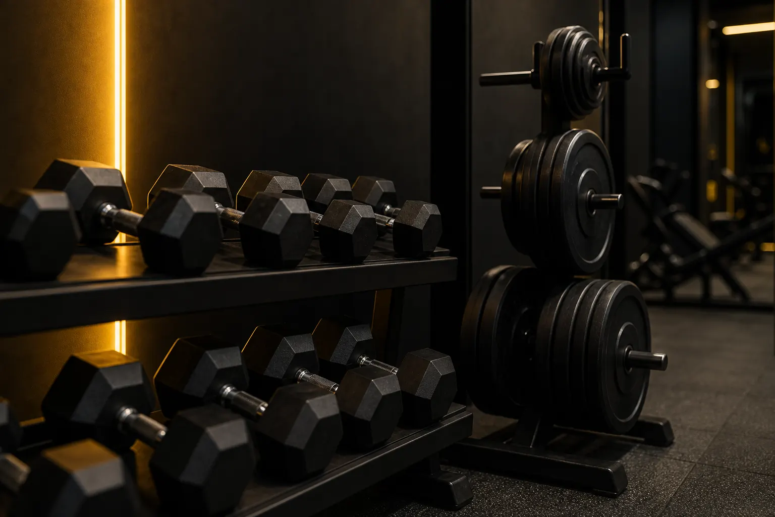 Pesas y mancuernas en un espacio de entrenamiento premium